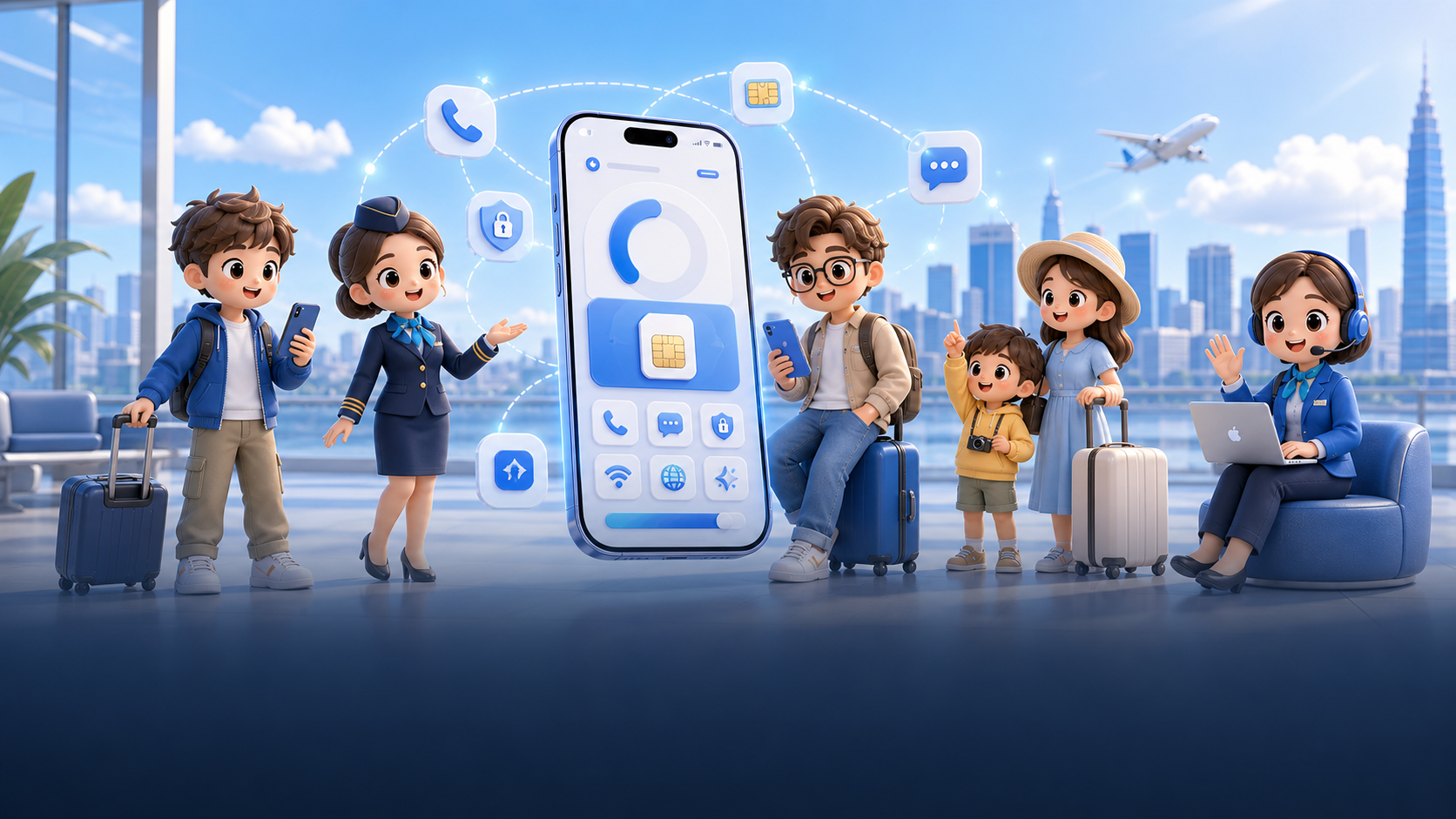 TripTok 앱의 eSIM, VPN, 전화, 문자, AI 여행 기능을 표현한 3D 캐릭터 히어로