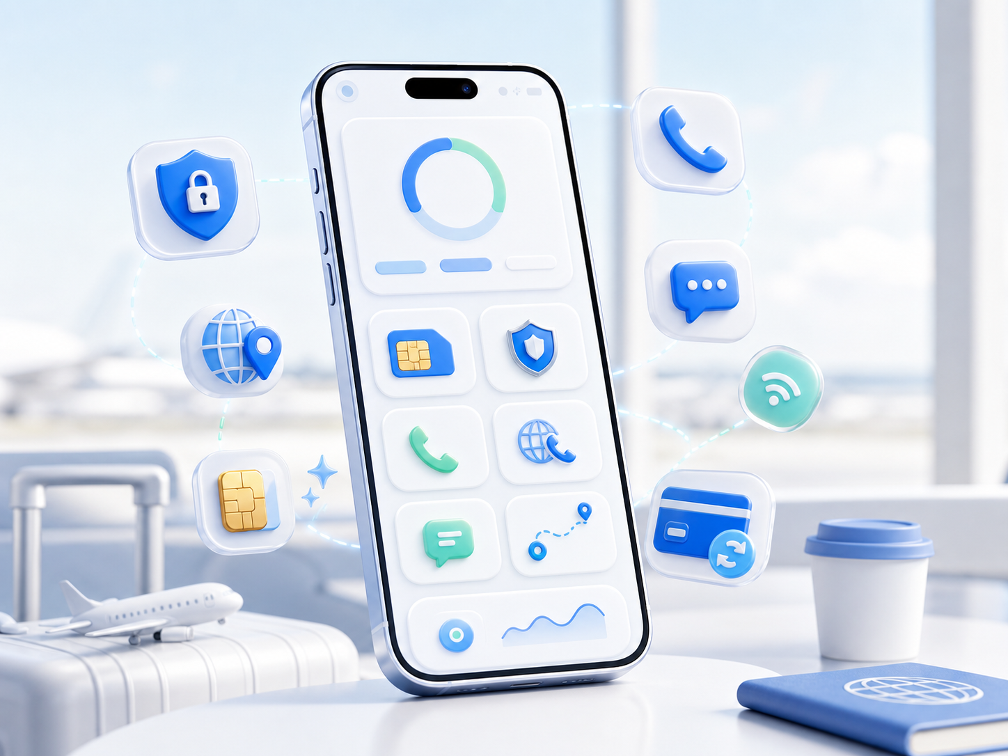 TripTok 앱의 데이터, VPN, 전화, 문자, 현지번호 기능을 보여주는 3D 스마트폰 이미지