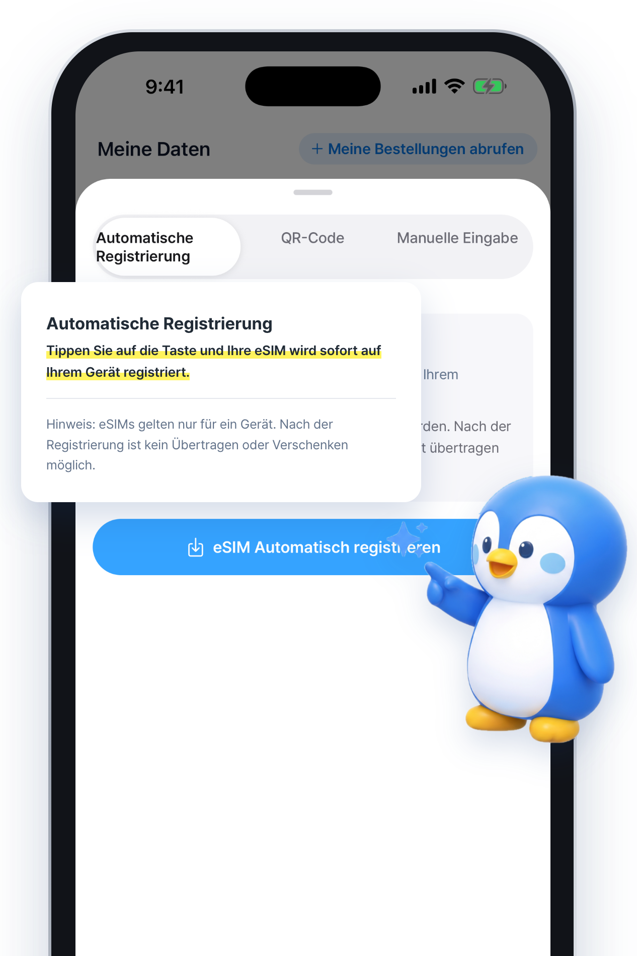 App-Bildschirm für automatische eSIM-Einrichtung