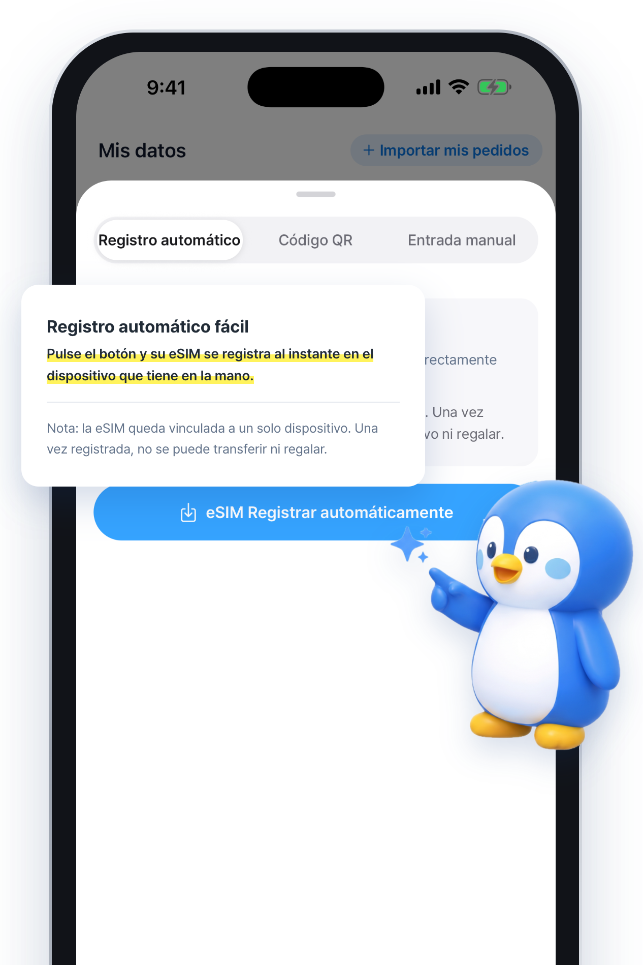 Pantalla de la app de configuración automática de eSIM