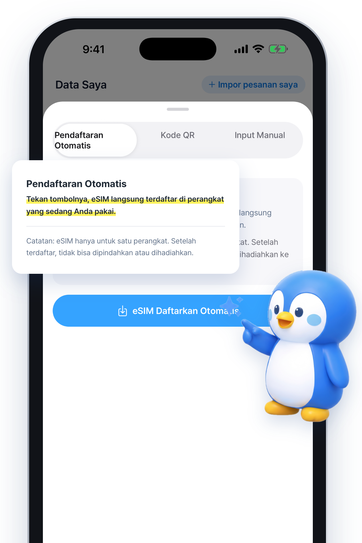 Layar aplikasi pengaturan otomatis eSIM