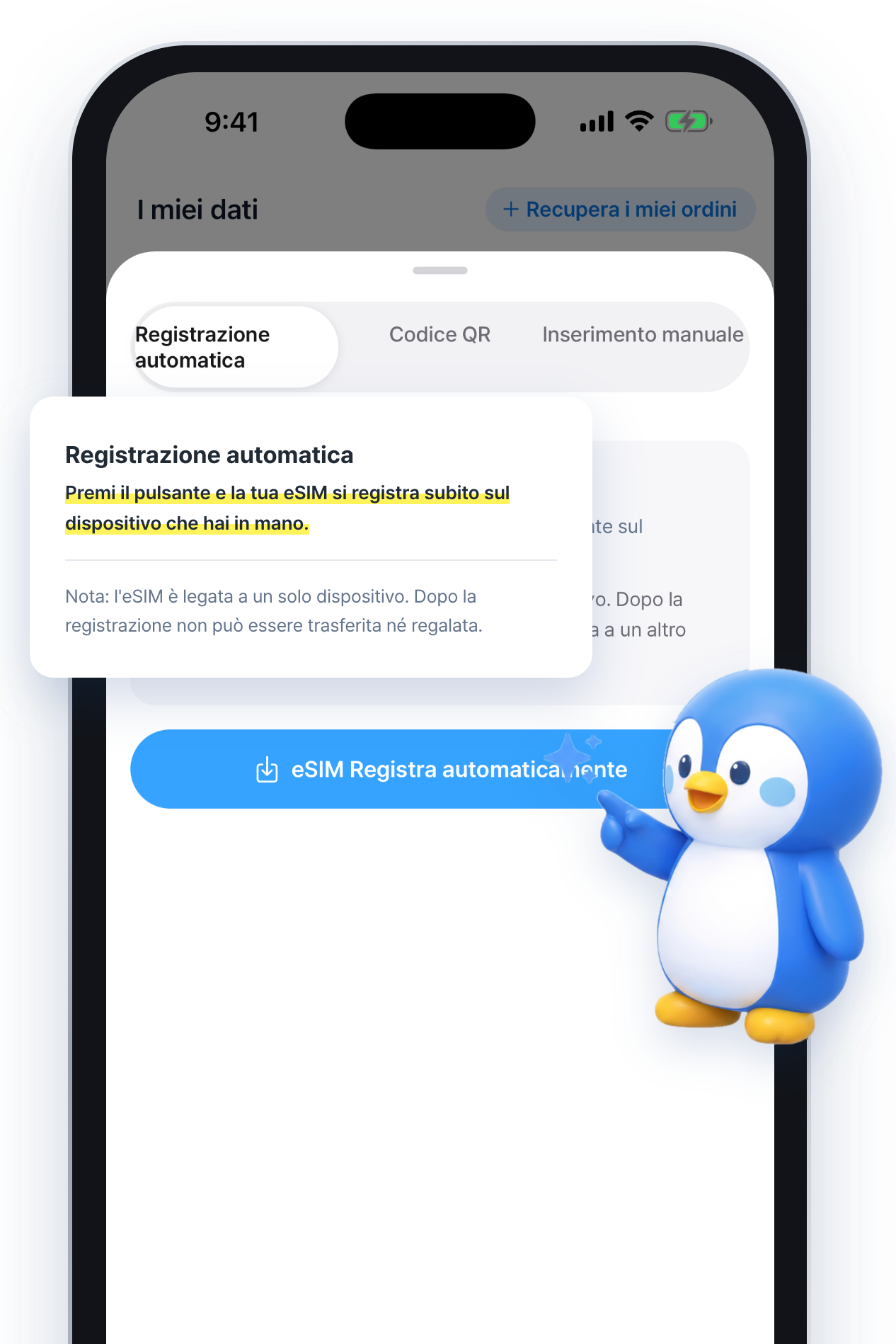 Schermata dell'app per la configurazione automatica della eSIM