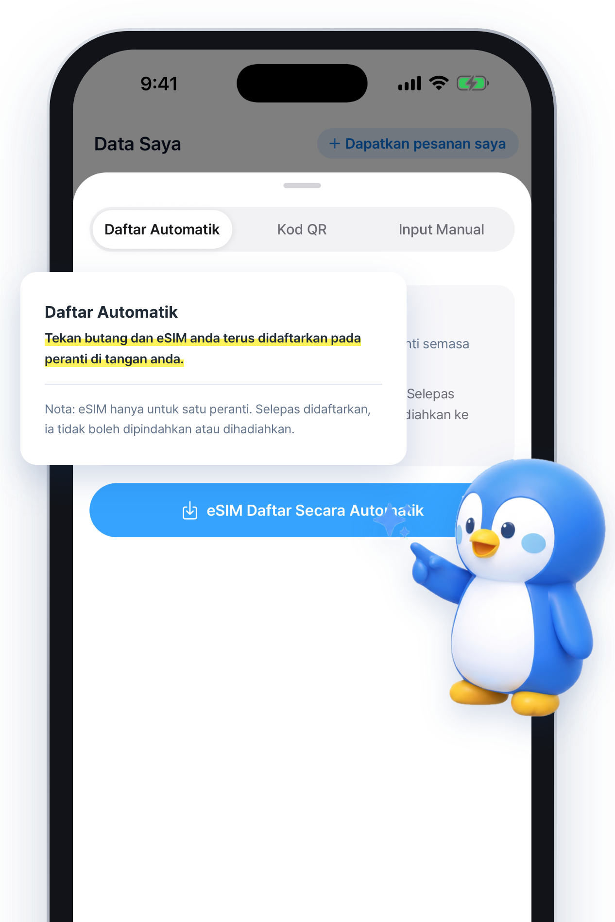 Skrin aplikasi tetapan automatik eSIM