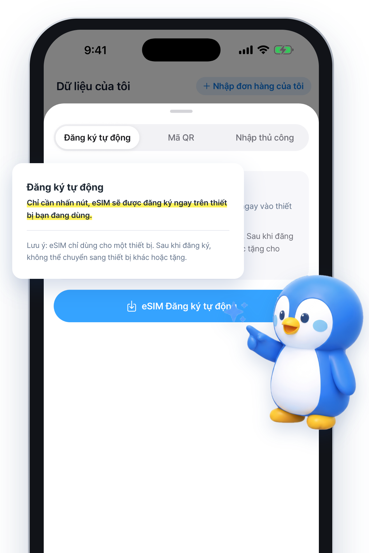 Màn hình ứng dụng thiết lập eSIM tự động