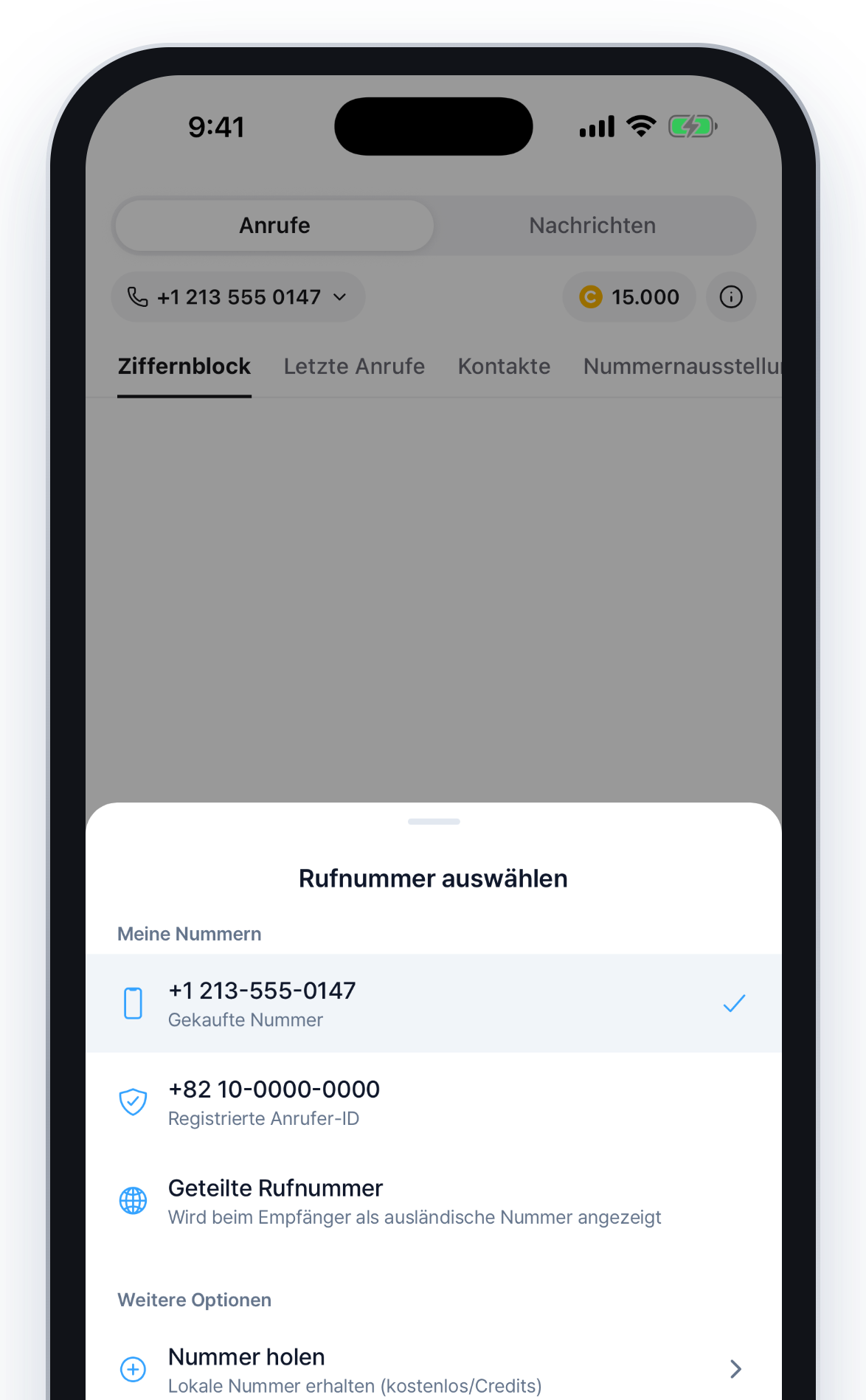 App-Bildschirm für lokale Telefonnummern