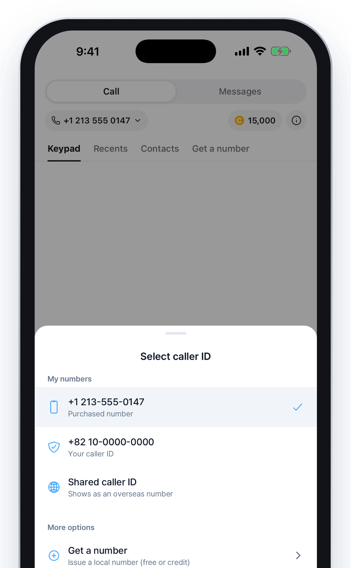 Local phone number app screen