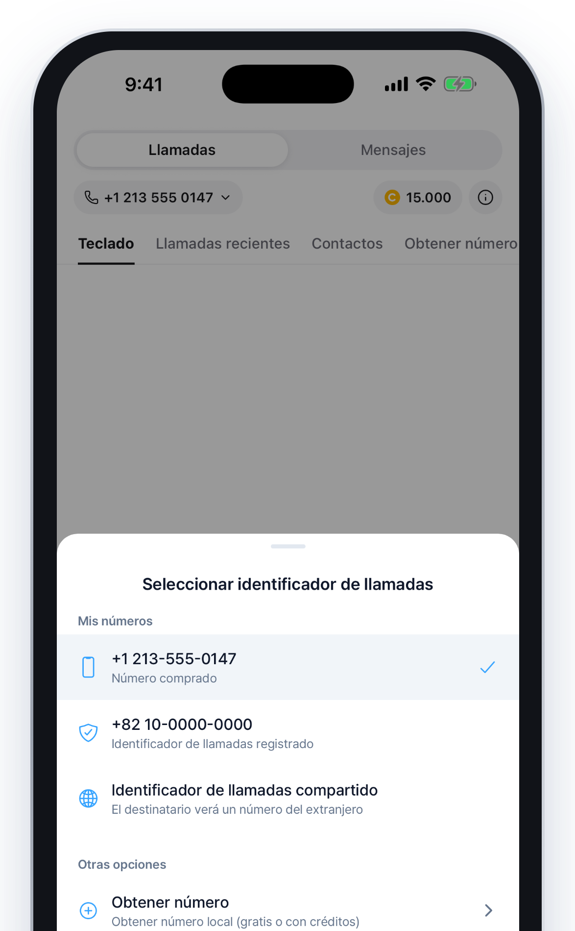 Pantalla de número local en la app