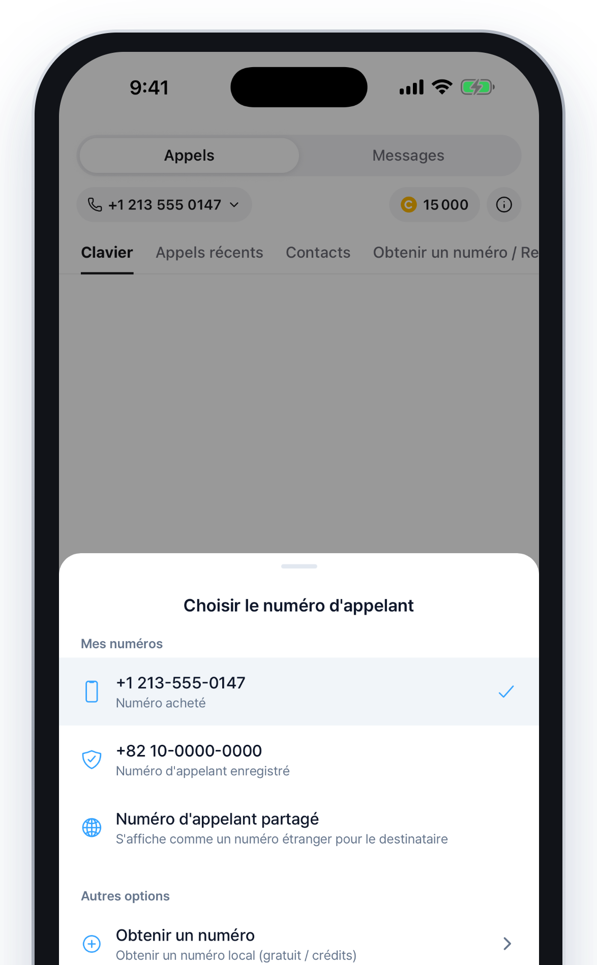 Écran de numéro local dans l’app