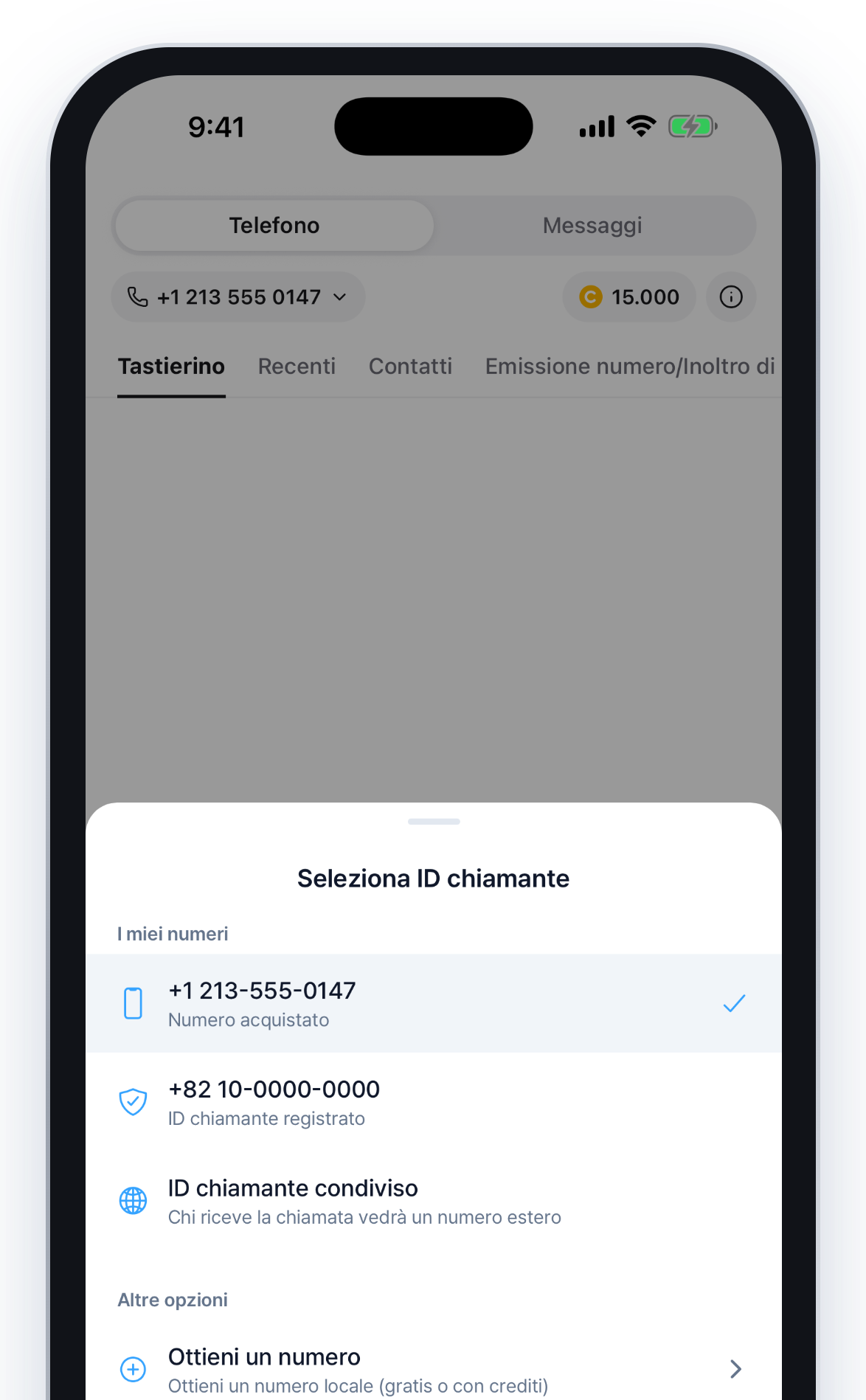 Schermata dell'app per i numeri di telefono locali