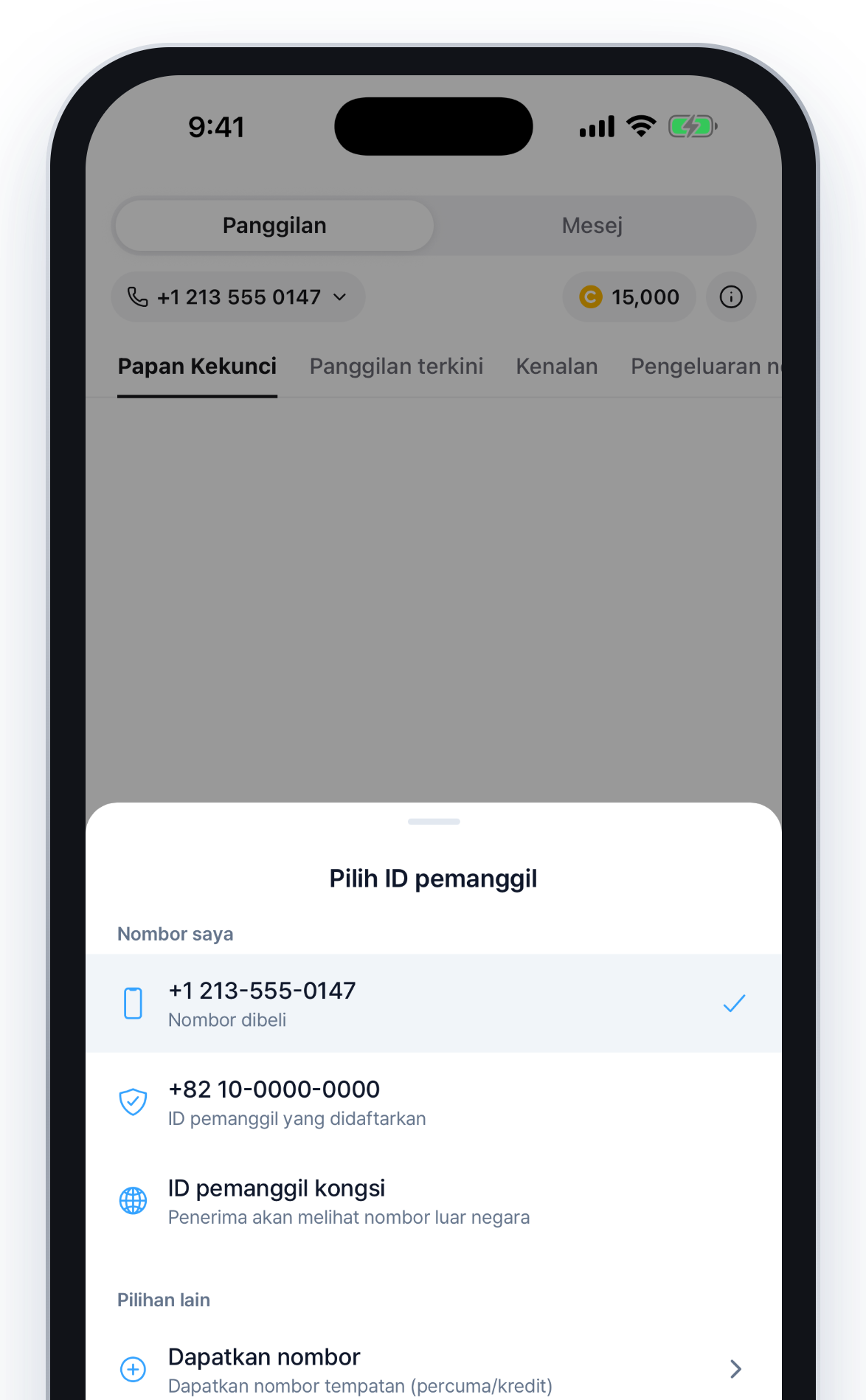 Skrin aplikasi nombor telefon tempatan