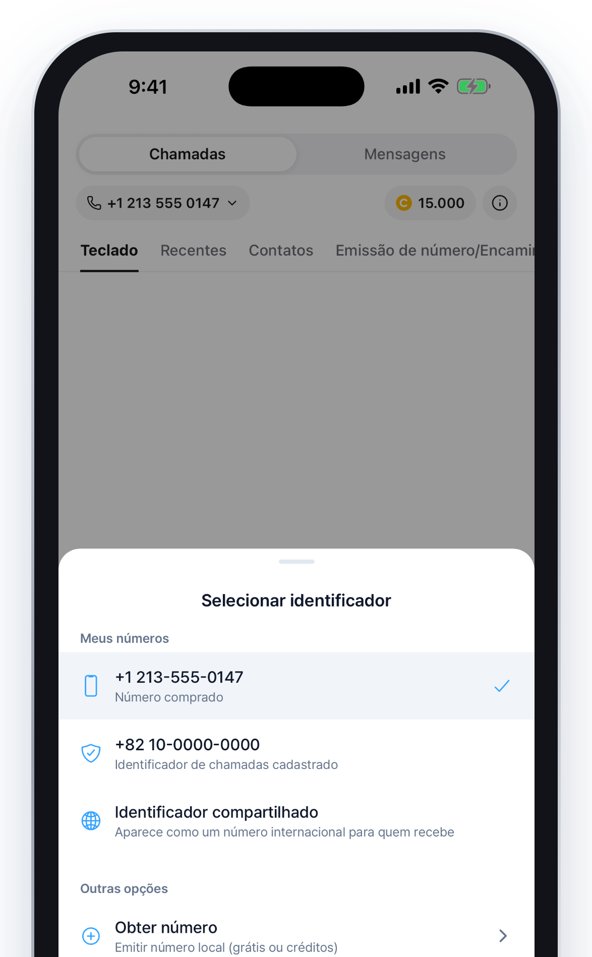 Tela do app com o número de telefone local