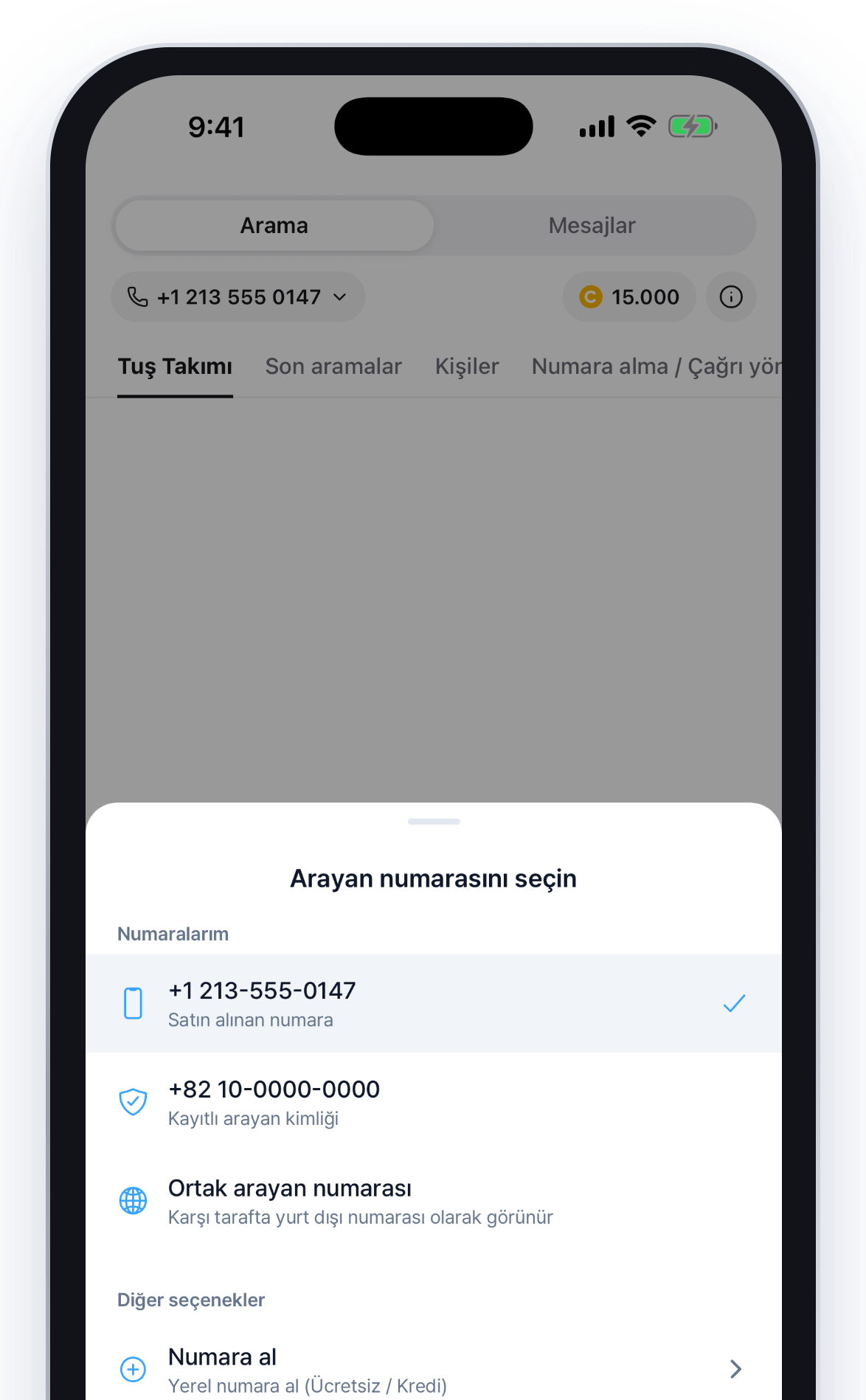 Yerel telefon numarası uygulama ekranı