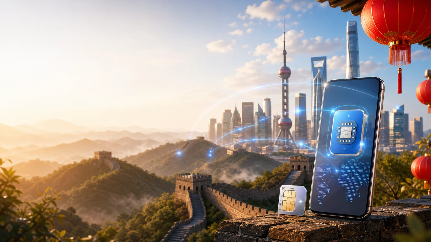 만리장성과 상하이 skyline 분위기의 중국 eSIM 히어로 이미지