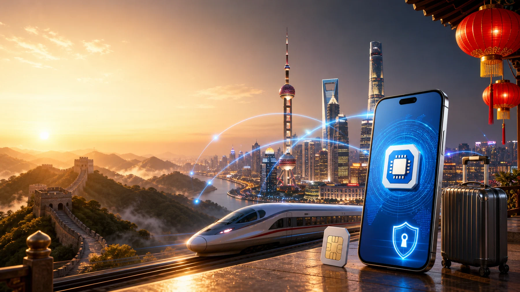 상하이 skyline, 만리장성, 고속철, 보안 연결 분위기의 중국 eSIM 히어로 이미지