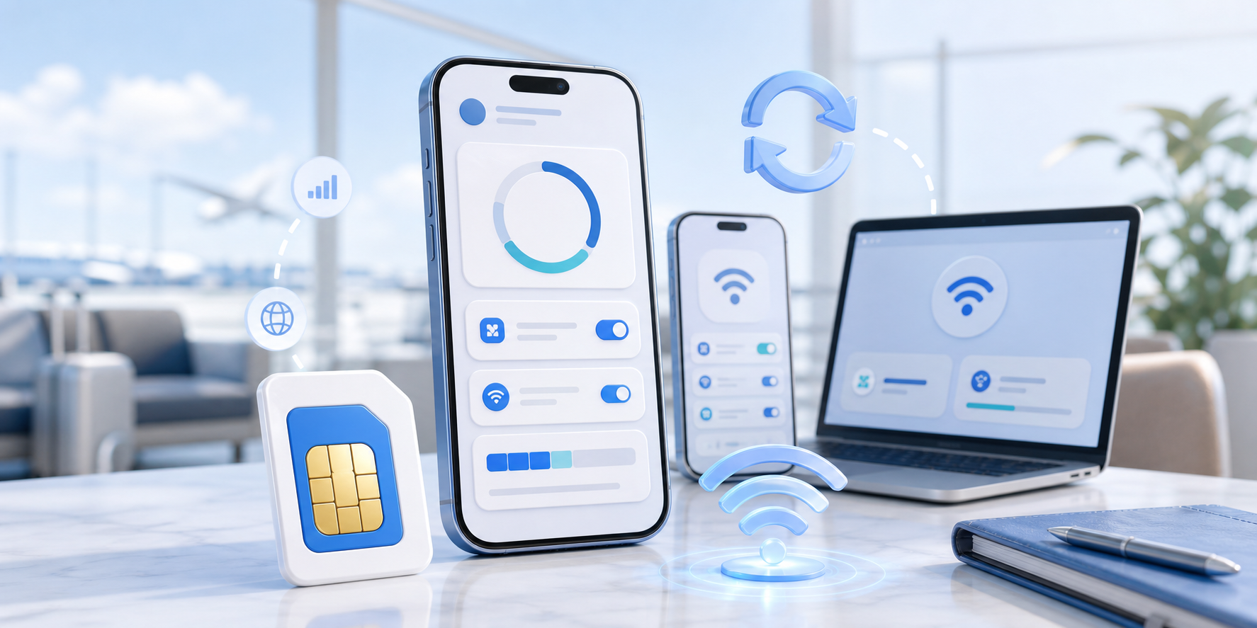TripTok eSIM Card, 자동 충전 앱 화면, 핫스팟으로 연결된 노트북 활용 사례 이미지