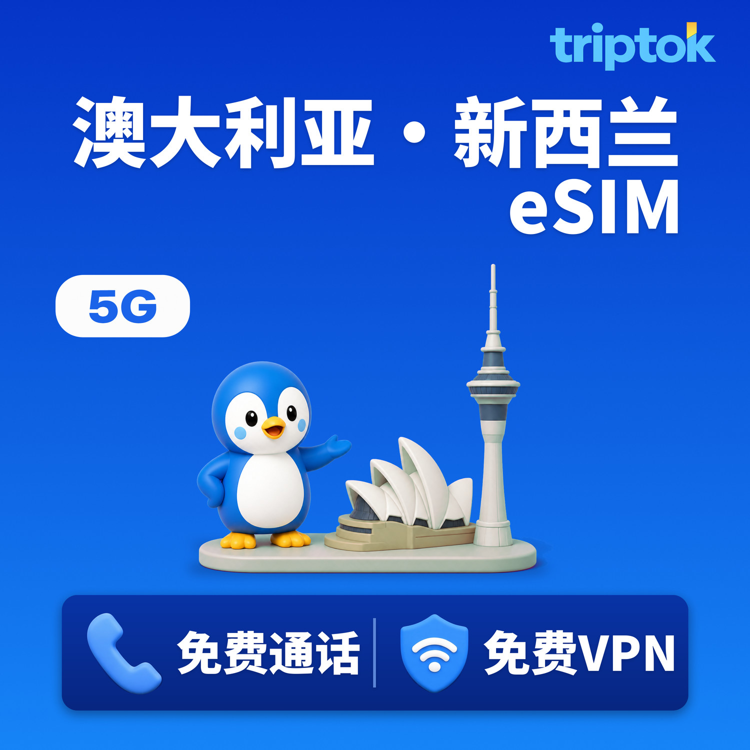 澳大利亚·新西兰 eSIM 5G 1GB~20GB 流量 免费通话·免费VPN 即时开通 打工度假