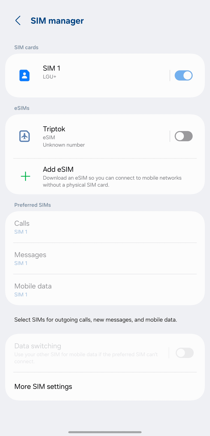 While in your home country, turn off the TripTok eSIM in [SIM manager]. Turn it back on after you arrive.