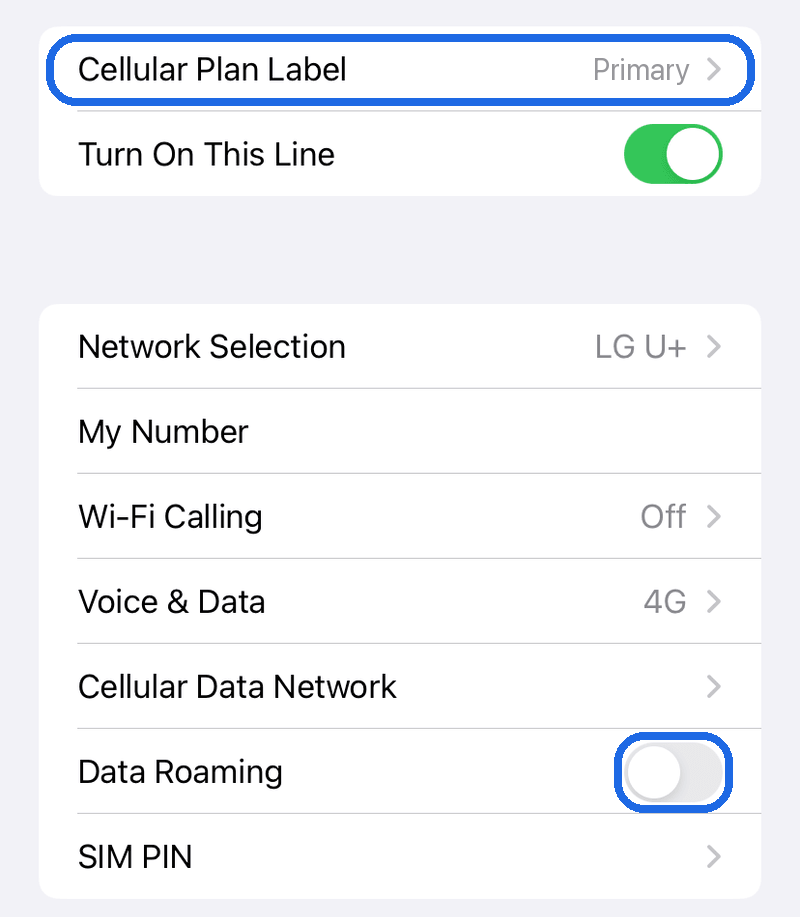 Datenroaming der Haupt-SIM OFF