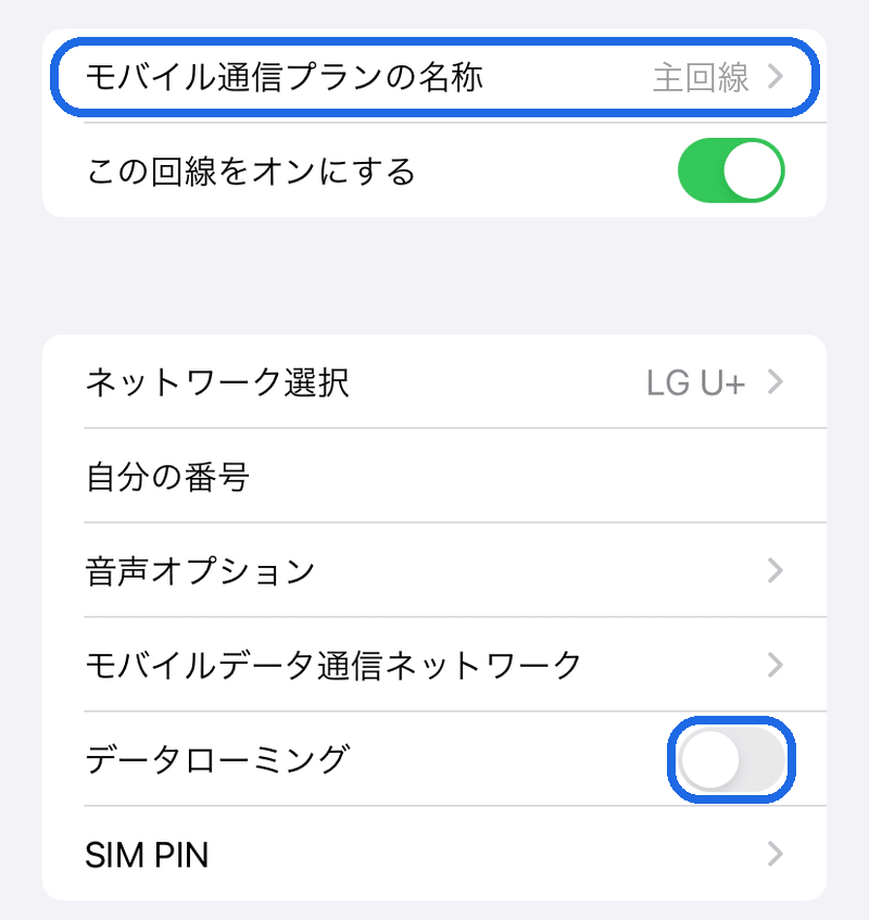 メインSIMデータローミングOFF