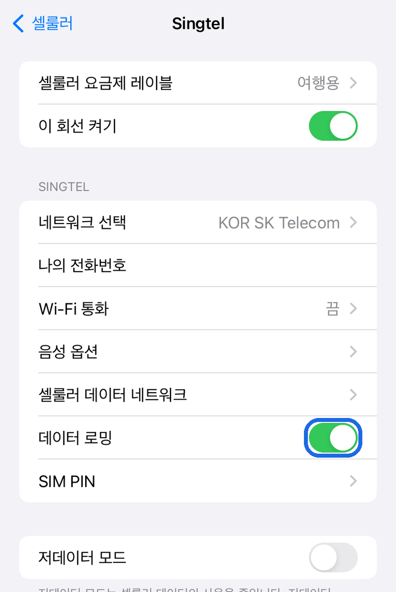 여행용 eSIM 데이터 로밍 ON