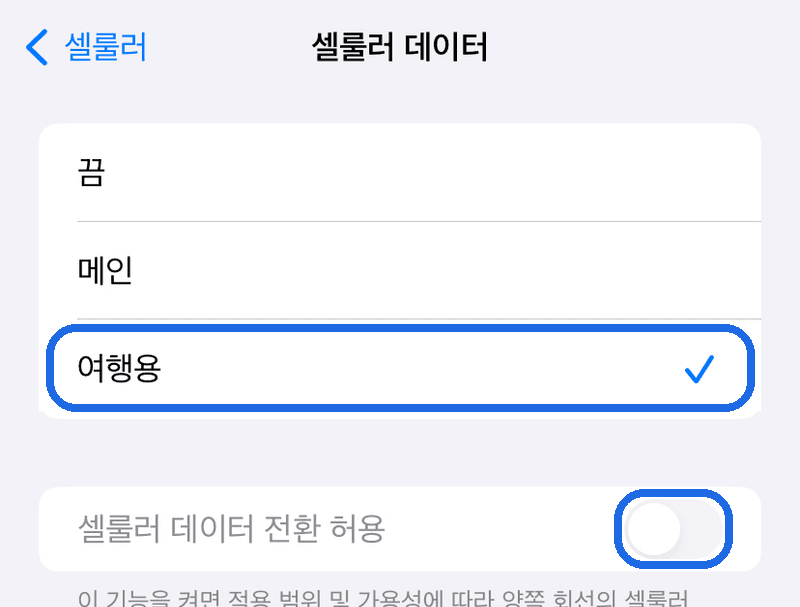 셀룰러 데이터를 여행용으로 변경