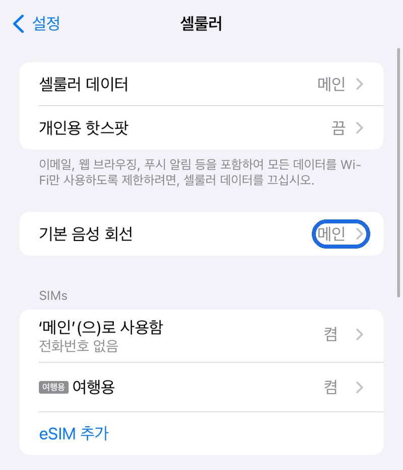 기본 음성 회선 메인 유지 확인