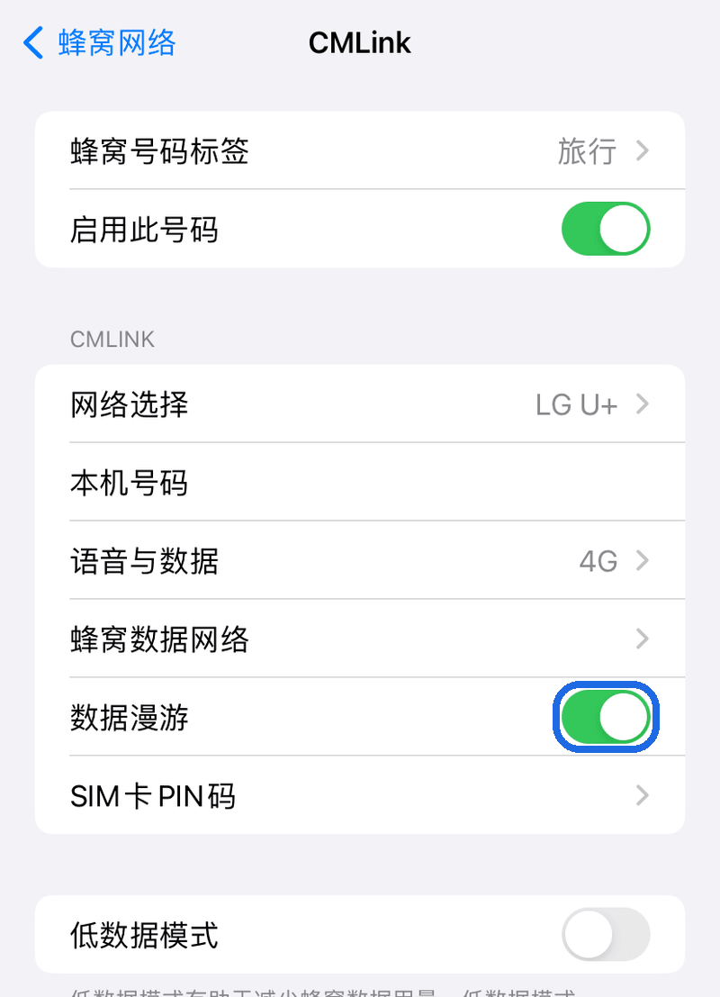 旅行用eSIM数据漫游开启