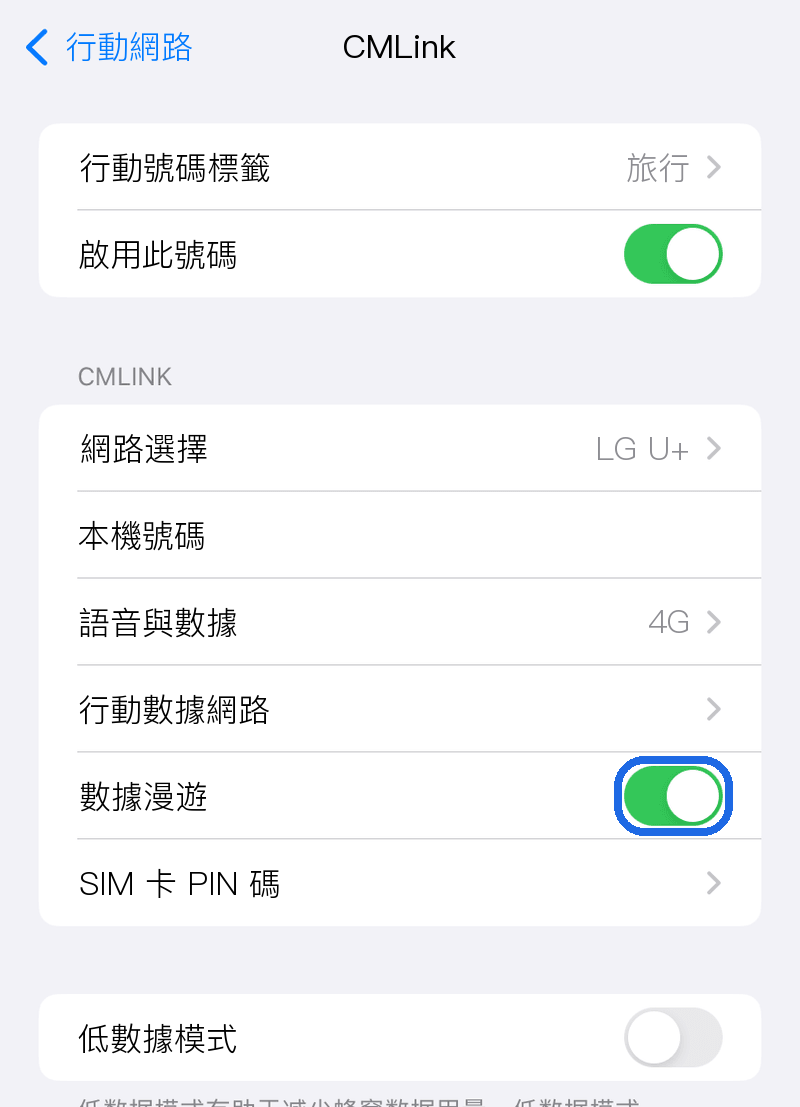 旅行用eSIM數據漫遊開啟