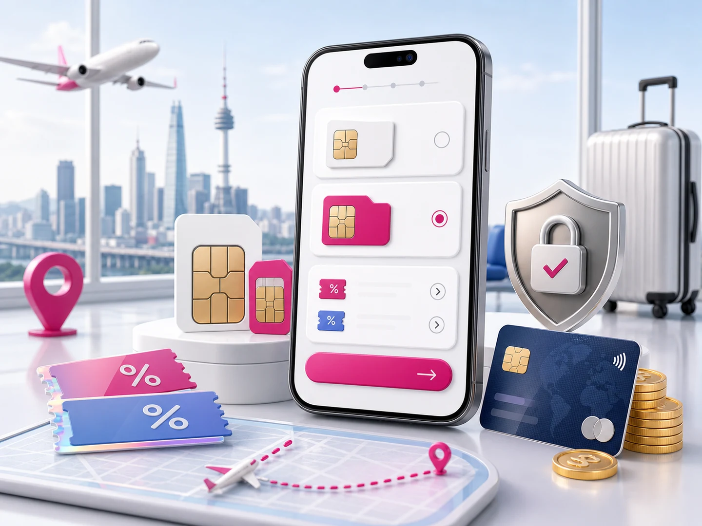 한국 eSIM 결제와 클릭 한 번 자동 설치 흐름을 표현한 3D 비주얼