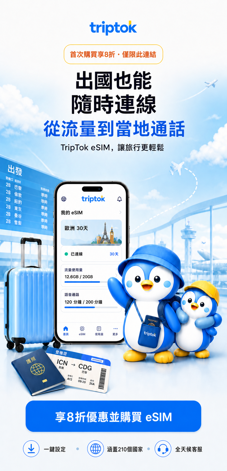 身穿旅行服裝的TripTok官方角色與eSIM首次購買8折優惠