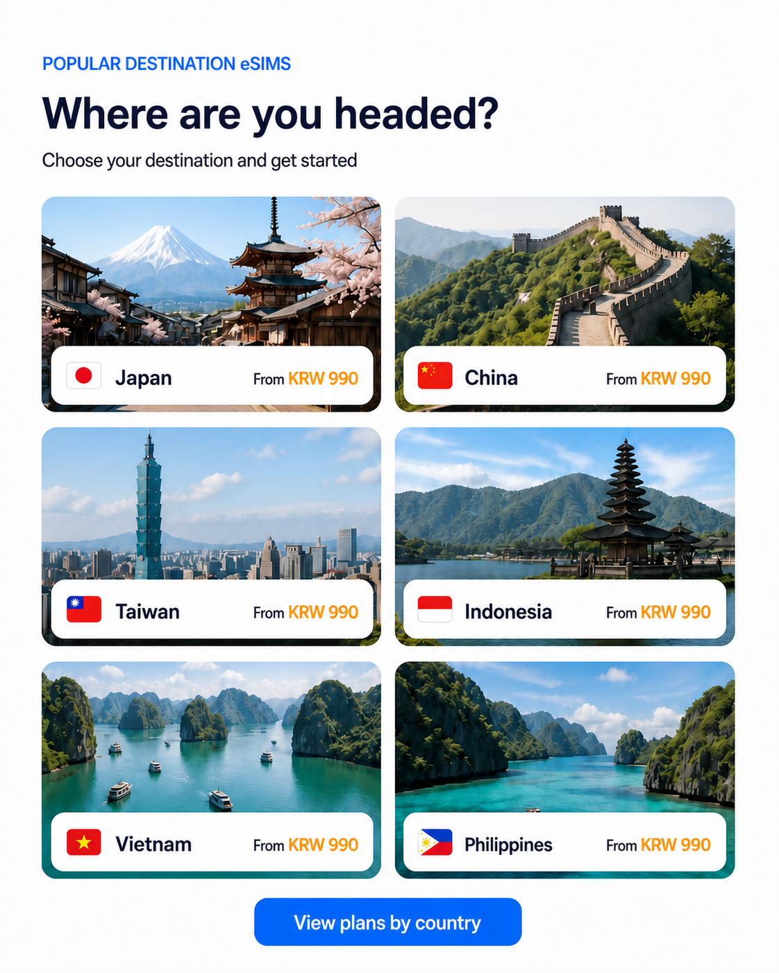 Popular eSIM destinations including Japan, China, Taiwan, Indonesia, Vietnam, and the Philippines