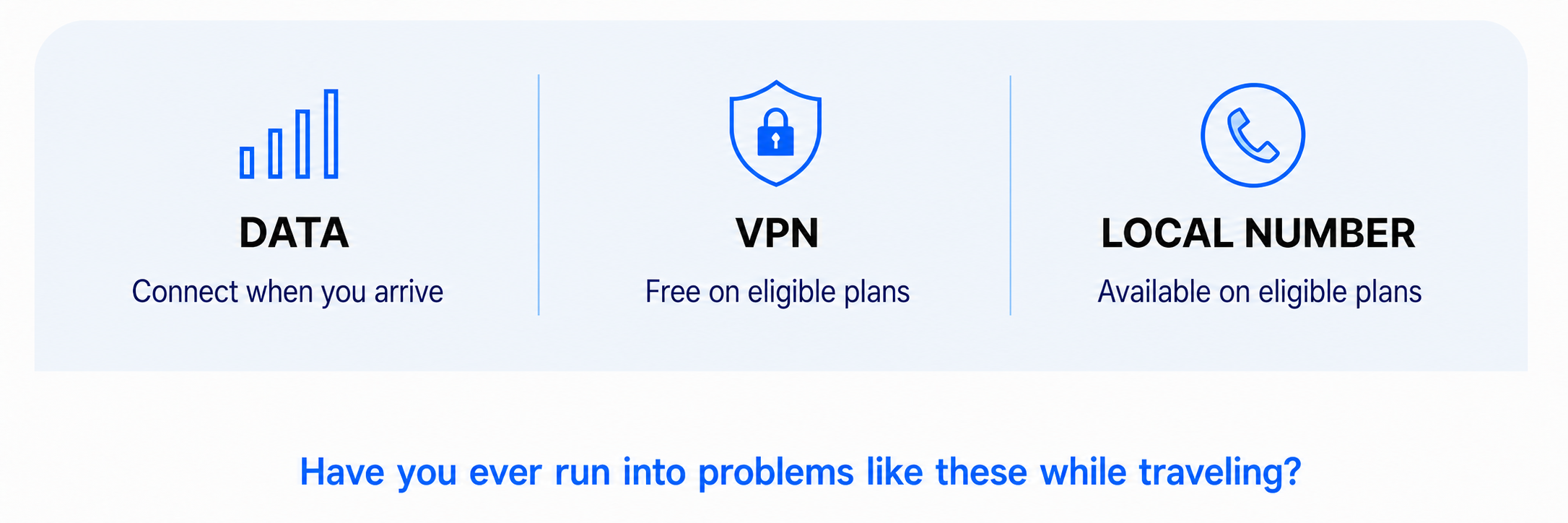 Data is included; free VPN access and local numbers are available on eligible plans