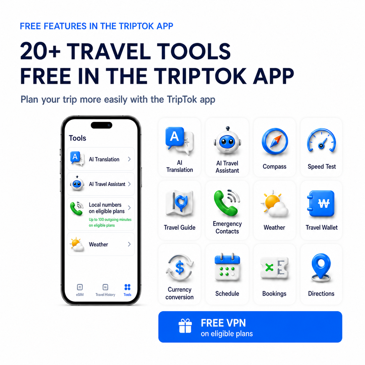 More than 20 free TripTok travel tools including AI translation and currency conversion
