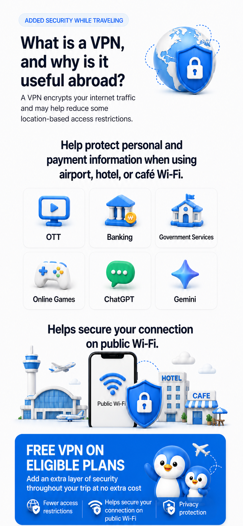 A VPN encrypts internet traffic and may help with some location-based access restrictions; free access is available on eligible plans