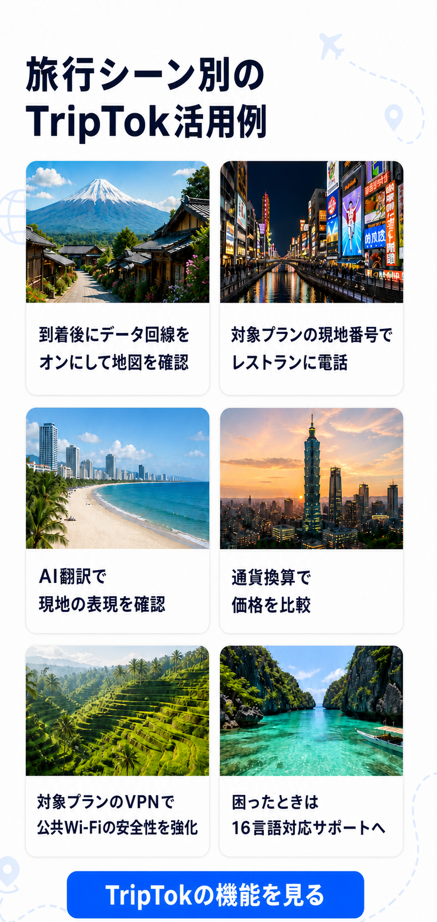 到着後の通信、レストランへの予約電話、地図検索などTripTokの旅行シーン別活用例6件