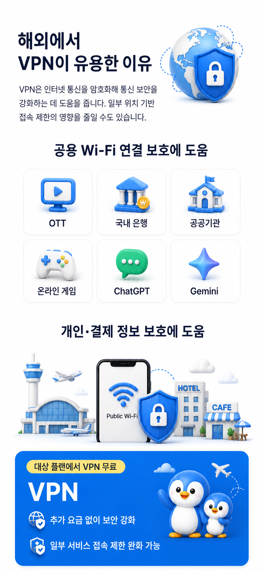 VPN은 인터넷 통신을 암호화해 공용 Wi-Fi 사용 시 통신 보안을 강화하는 데 도움을 주며 대상 플랜에서 무료 이용 가능