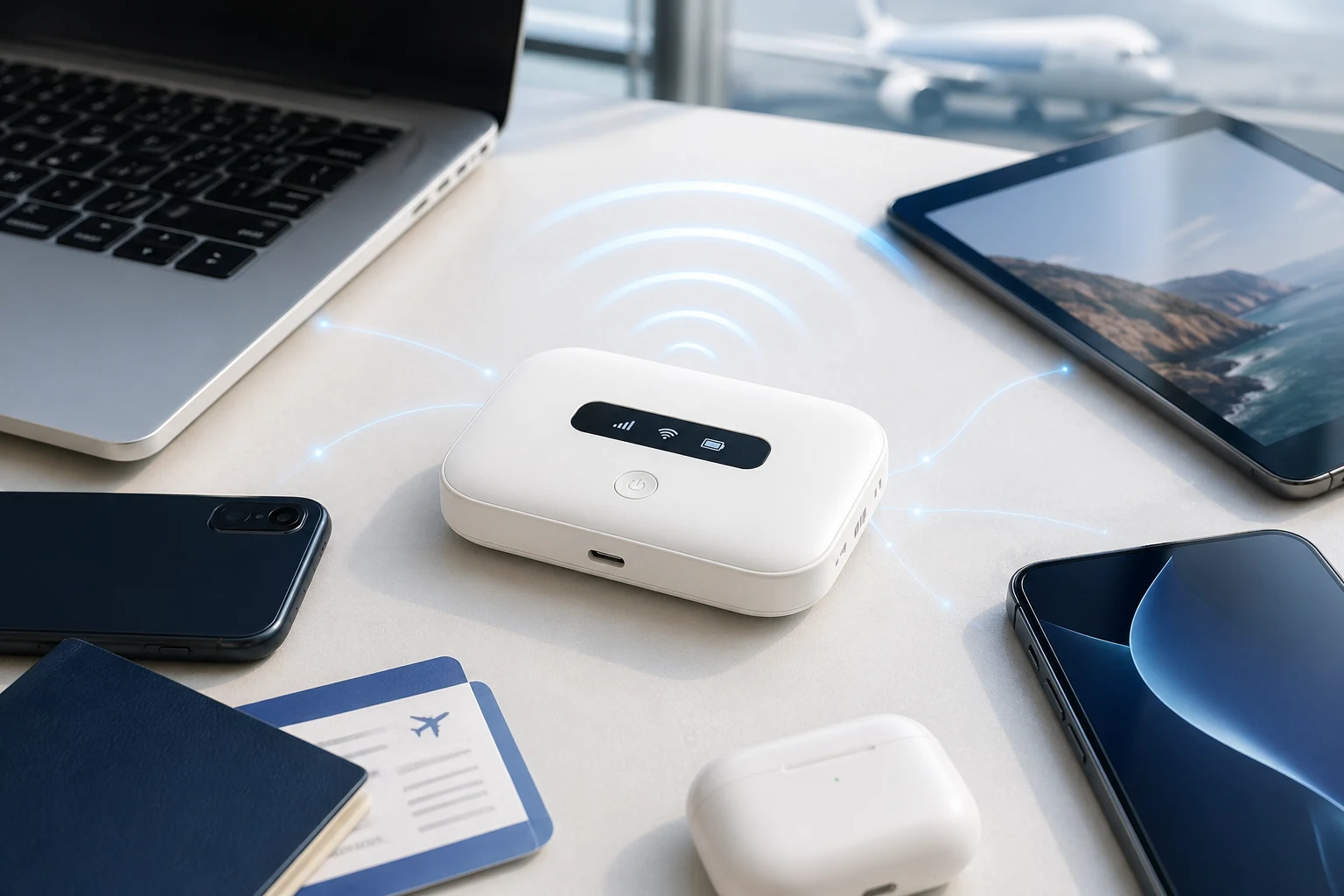 스마트폰, 태블릿, 노트북을 함께 연결하는 MiFi 제품 이미지