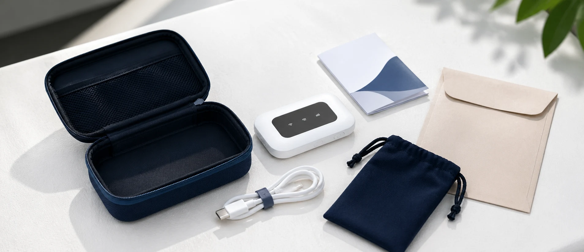MiFi 본체, 충전 케이블, 안내서, 반납 봉투가 정리된 임대 키트 이미지