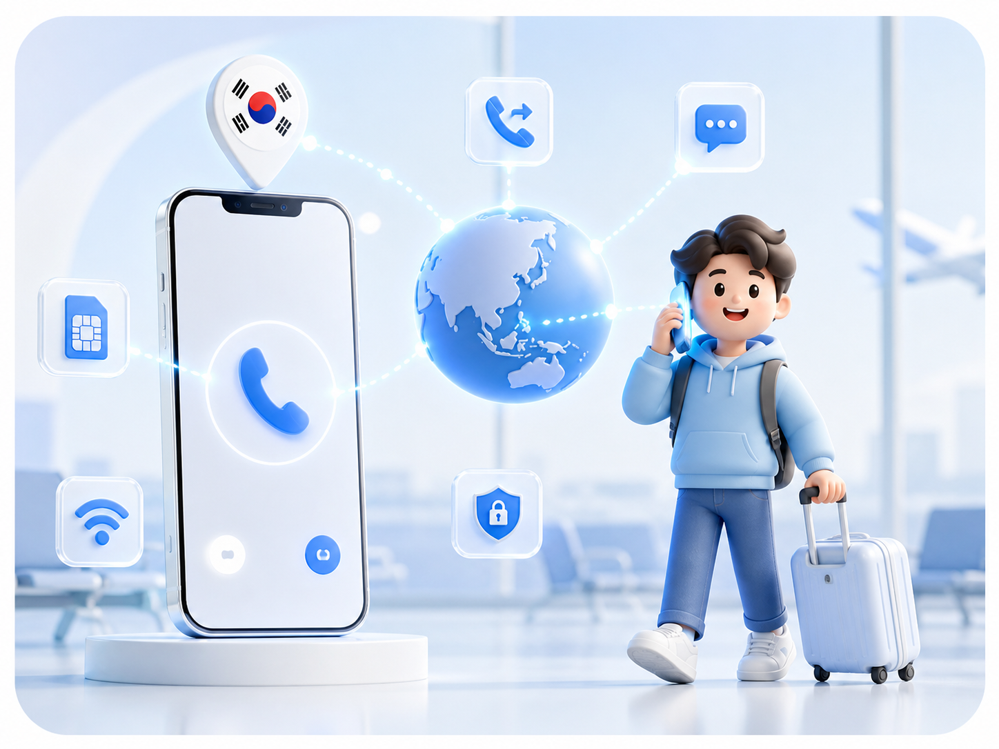 TripTok 수신 전화 화면과 국가 표시가 함께 있는 3D 스마트폰