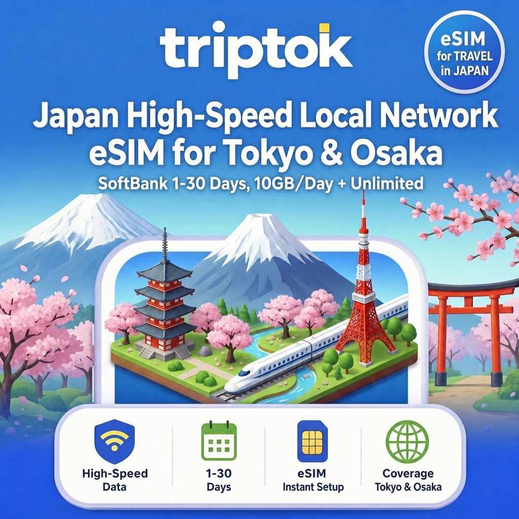 Japan High-Speed Local Network eSIM for Tokyo & Osaka - SoftBank 1-30 Days, 10GB/Day + Unlimited