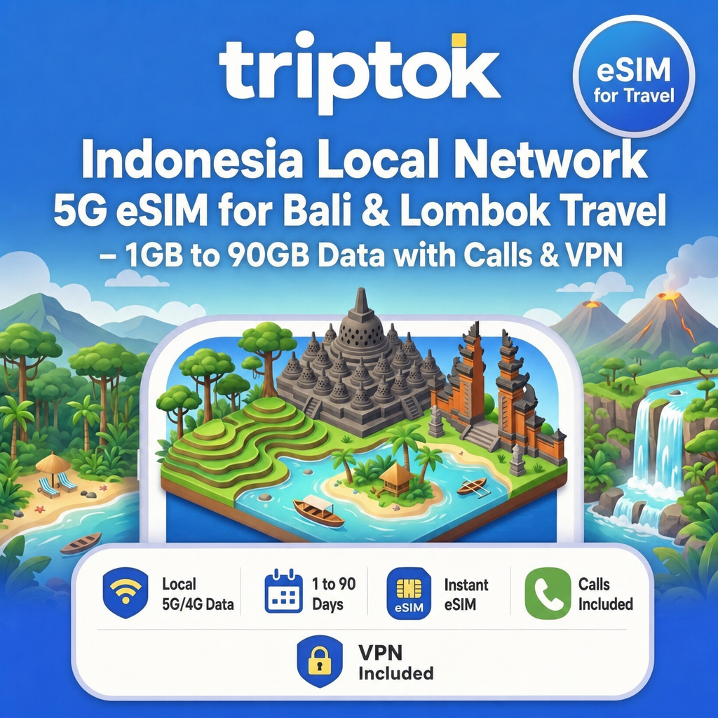 Indonesia Local Network 5G eSIM for Bali & Lombok Travel - 1GB to 90GB Data with Calls & VPN