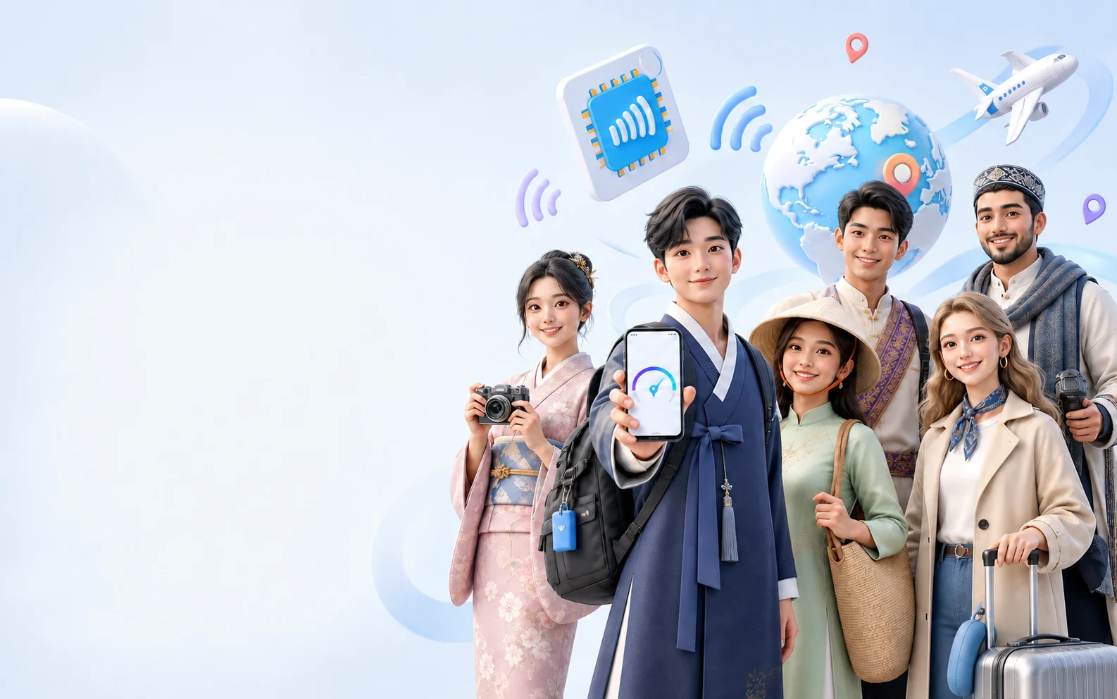 세계 여러 지역의 복장을 입고 해외 eSIM 통신 품질을 테스트하는 트립메이트들