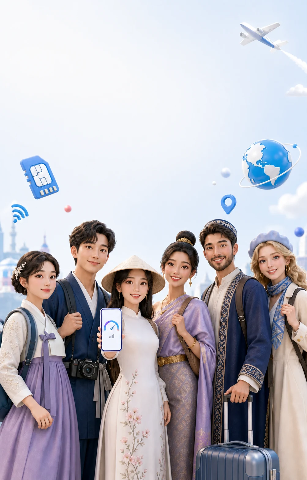 세계 여러 지역의 복장을 입고 해외 eSIM 통신 품질을 테스트하는 트립메이트들