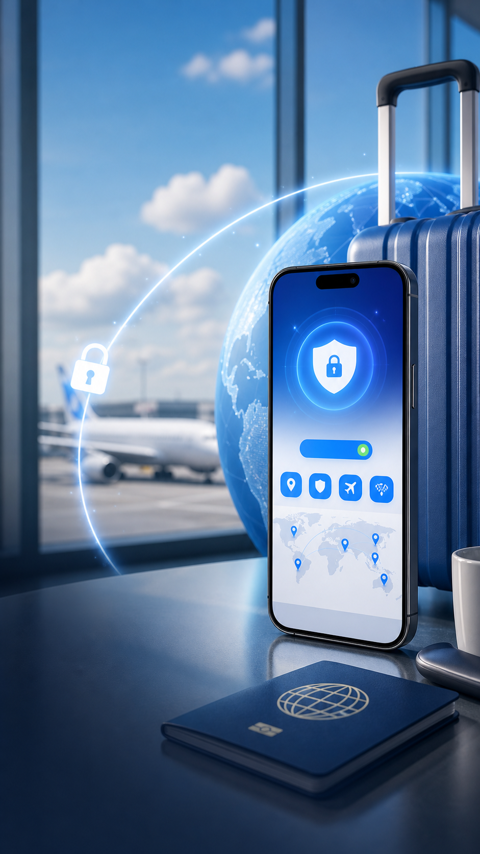 TripTok VPN 모바일 보안 연결을 보여주는 세로형 공항 여행 이미지